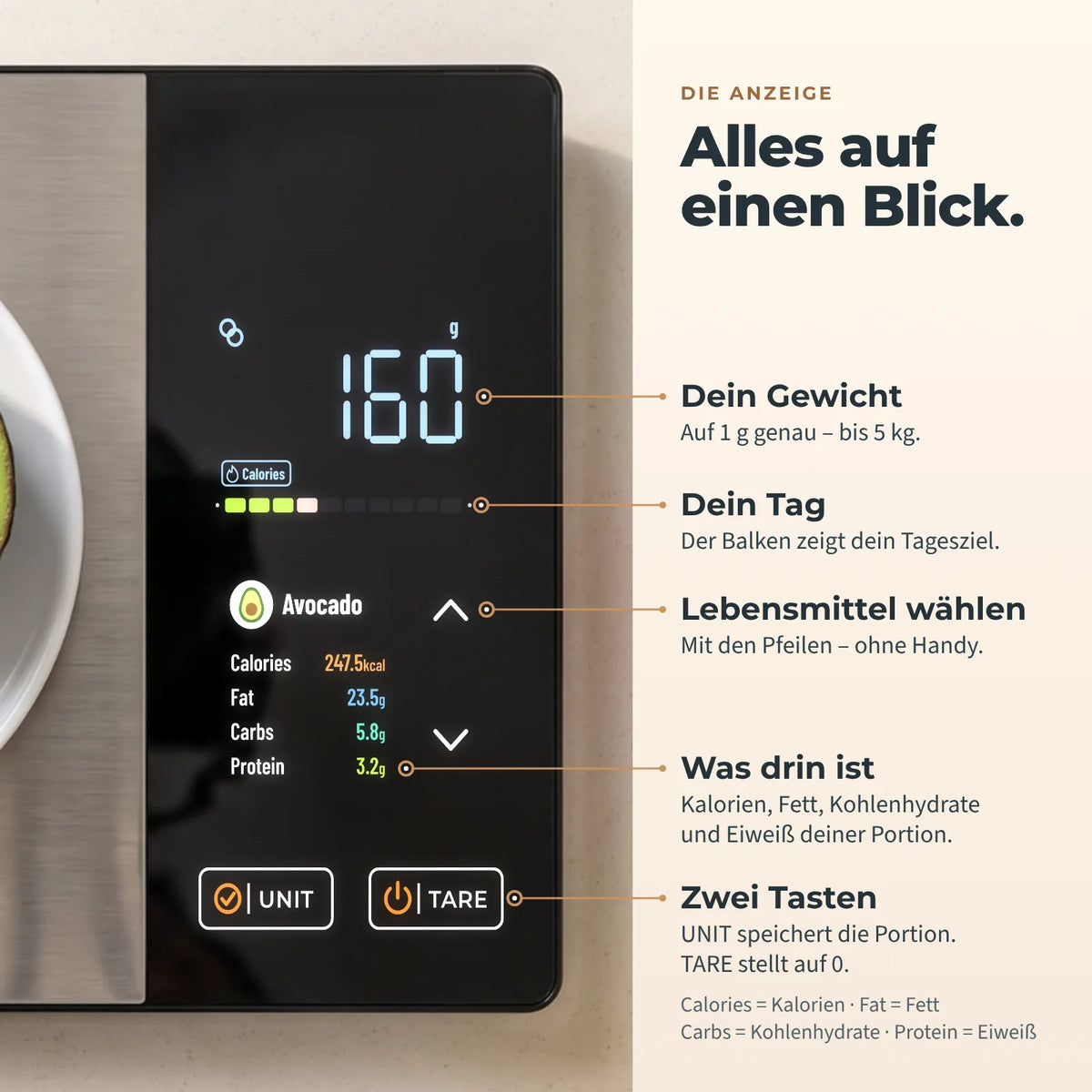 SmartVita Waage auch ohne Handy nutzbar – 50 Lebensmittel speicherbar