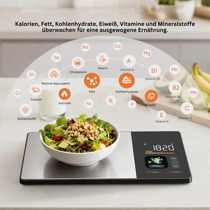 SmartVita Küchenwaage zeigt Kalorien, Eiweiß, Kohlenhydrate und Fett